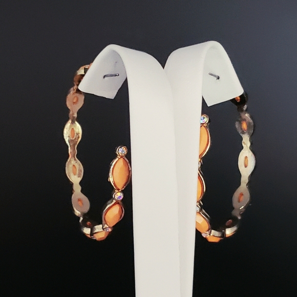 Peach with Clear Rhinestone 3/4 Hoop Earrings 2.2" - Picture 3 of 5